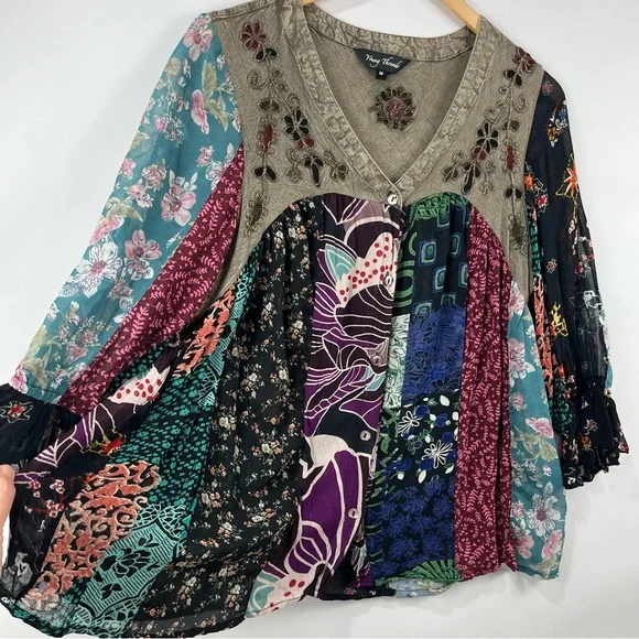 Boho Patchwork Button Down Blouse M | Embroidered Flowy Layering Top - Picture 6 of 11